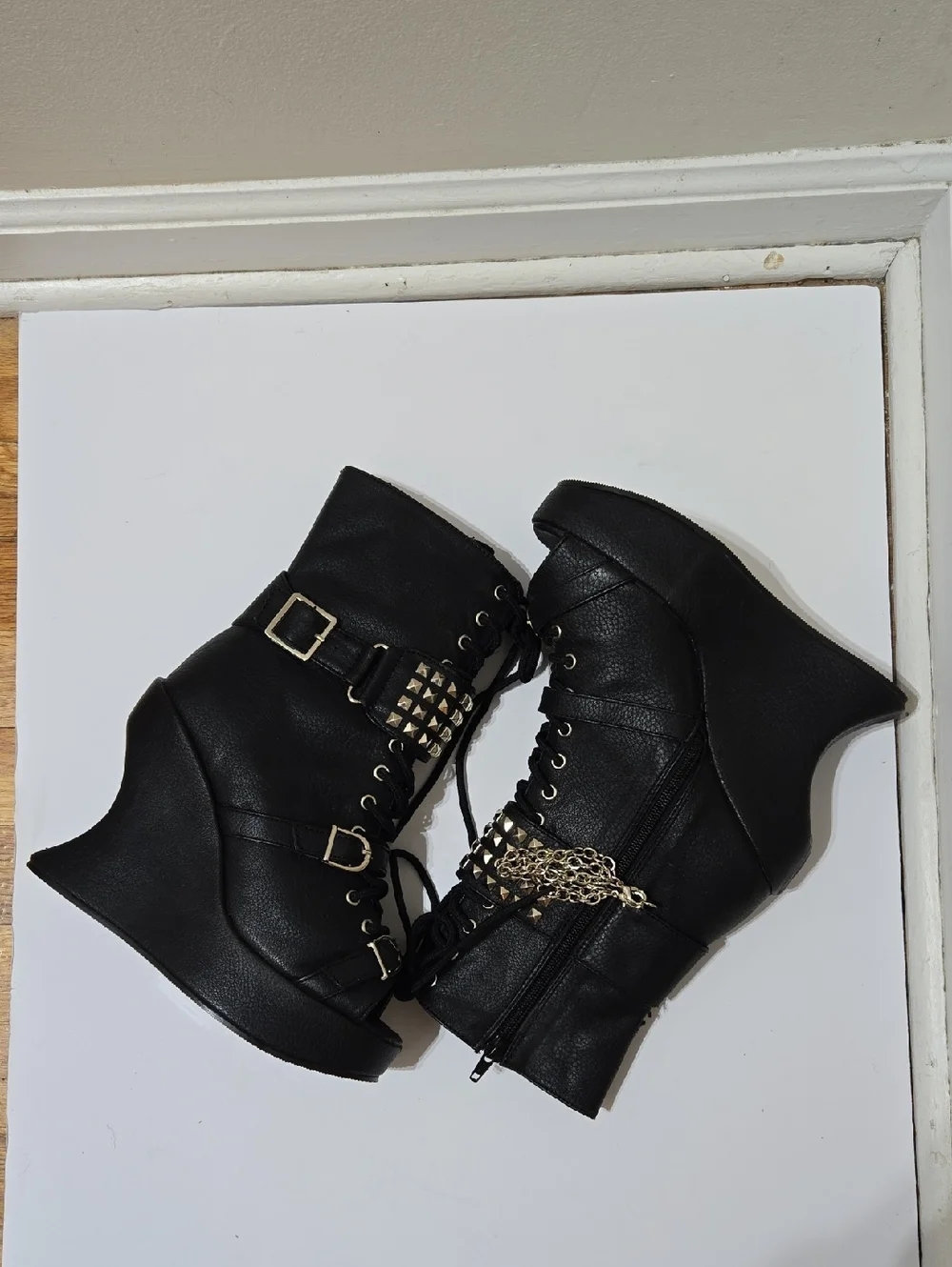Demonia Black Peep-Toe Lace-Up Punk Wedge Boots with Chains & Studs